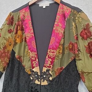 Spencer Alexis Vintage Kimono Jacket Womens L Red Purple Black Floral Lace Boho